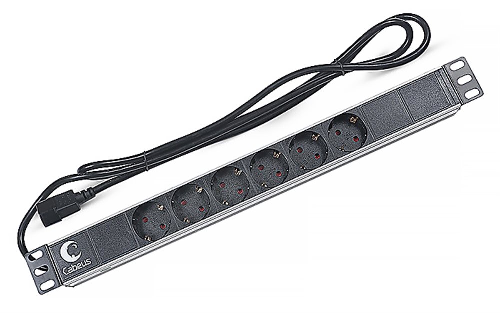 Cabeus PDU-6P-2IEC Блок розеток для 19" шкафов,горизонтальный,6 розеток, 10А, без выключателя, шнур 2м,алюминиевый корпус, вилка IEC 320 С14