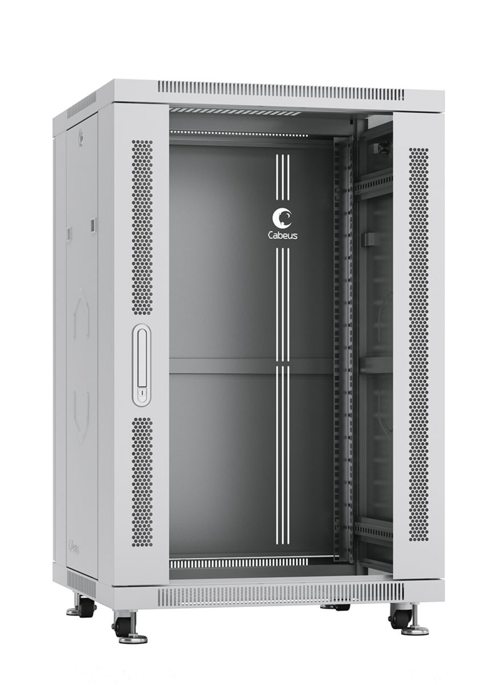 Cabeus SH-05C-18U60/100 Шкаф монтажный телекоммуникационный 19" напольный для распределительного и серверного оборудования 18U 600x1000x988mm (ШхГхВ) передняя стеклянная и задняя сплошная металлическая двери, ручка с замком, цвет серый (RAL 7035)