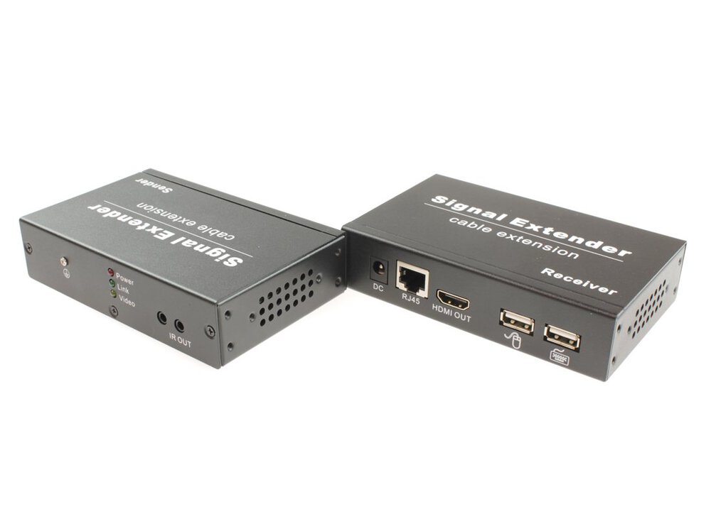 TA-HiKMP+RA-HiKMP - Комплект для передачи HDMI OSNOVO, USB(клавиатура и мышь), ИК управления и питания по кабелю витой пары (HDBaseT). Расстояние передачи до 40м (4K2K(30Гц)), до 70м (1080p). Поддержка технологии Power over HDBaseT(PoH). Поддержка HDMI 1.4 и HDCP 1.2. Порты USB предназначены только для подключения клавиатуры и мыши. Передатчик:Вх.-HDMI(A)/Роз.2,1x5,5мм(DC12V)/USB(A). Вых.-USB(A)/TRS3.5мм(IR)/RJ45. Приёмник: Вх.-RJ45/TRS3.5мм(IR)/Роз.2,1x5,5мм(DC12V)/USB(A)x2. Вых.-HDMI(A). В комплекте БП DC12V(1,5А) - 1шт(приемник внешнего питания не требует), кабель HDMI, кабель USB, ИК-излучатель, ИК-приёмник. Размеры каждого устройства (ШxВxГ): 125x30x80мм