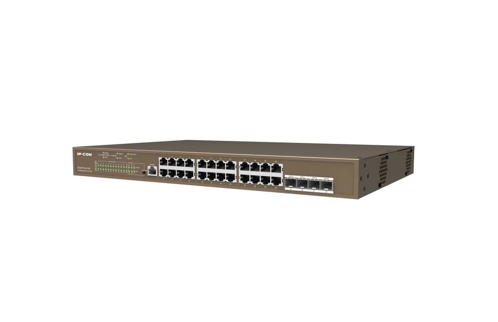 IP-COM G5328P-24-410W - Коммутатор PoE управляемый Layer-3, 24 порта PoE 10/100/1000 Мбит/с Base-T Ethernet + 4 порта Base-X SFP 1000 Мбит/с. Бюджет PoE до 370 Вт, грозозащита портов 6 кВ.