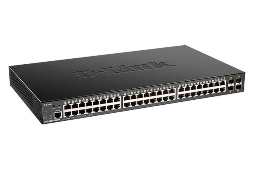 DGS-1250-52XMP/A1A Настраиваемый L2 коммутатор с 48 портами 10/100/1000Base-T и 4 портами 10GBase-X SFP+ (48 портов PoE 802.3af/at, PoE-бюджет 370 Вт)