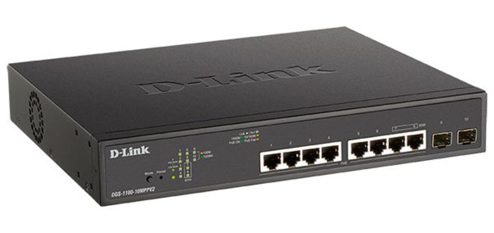DGS-1100-10MPPV2/A3A Настраиваемый L2 коммутатор D-Link с 8 портами 10/100/1000Base-T и 2 портами 1000Base-X SFP (порты 1-8 PoE 802.3af/at, порты 7-8 PoE 802.3bt, PoE-бюджет 242 Вт)