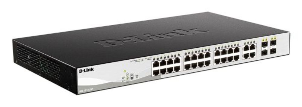 DGS-1210-28P/F5A Настраиваемый L2 коммутатор с 24 портами 10/100/1000Base-T и 4 комбо-портами 100/1000Base-T/SFP (24 порта PoE 802.3af/at, PoE-бюджет 193 Вт)