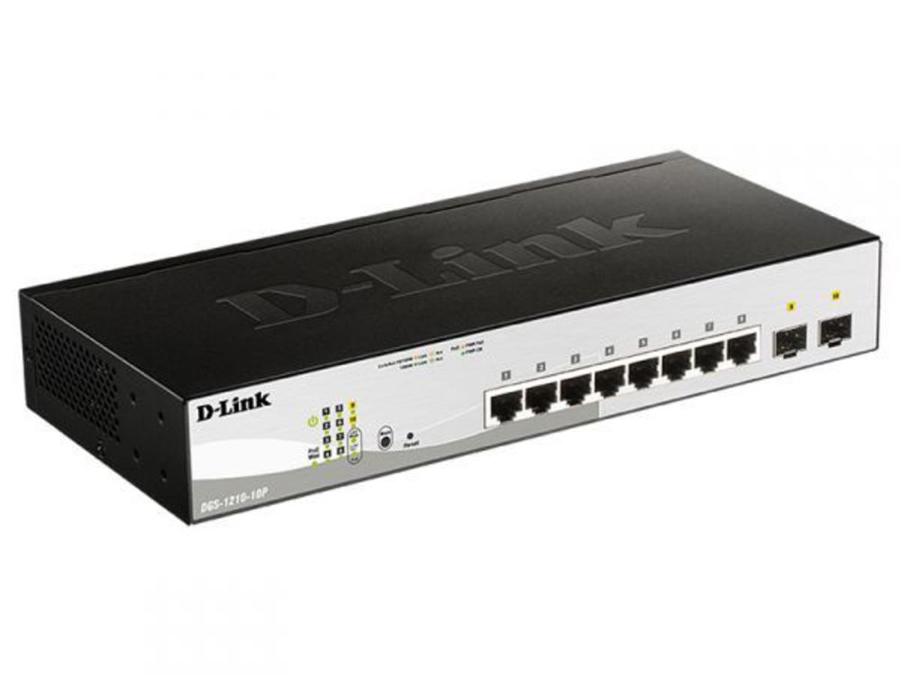DGS-1210-10P/F3A Настраиваемый L2 коммутатор с 8 портами 10/100/1000Base-T и 2 портами 1000Base-X SFP (8 портов PoE 802.3af/at, PoE-бюджет 65 Вт)