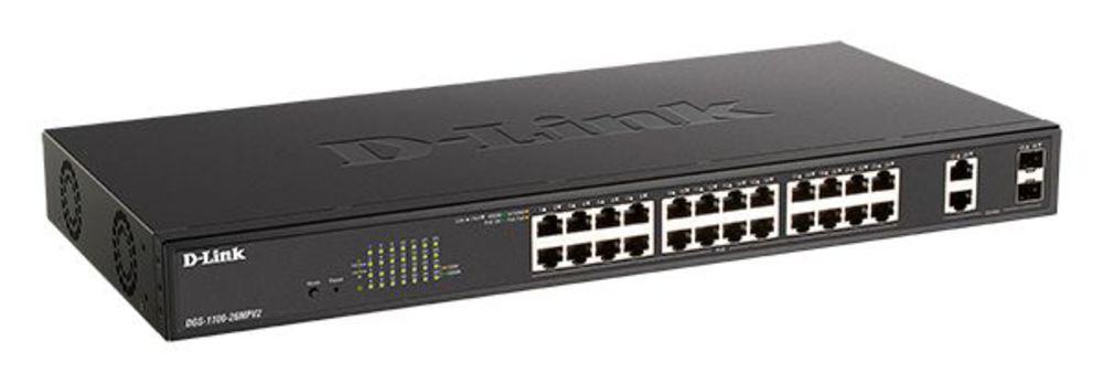 DGS-1100-26MPV2/A3A Настраиваемый L2 коммутатор с 24 портами 10/100/1000Base-T и 2 комбо-портами 1000Base-T/SFP (24 порта PoE 802.3af/at, PoE-бюджет 370 Вт)