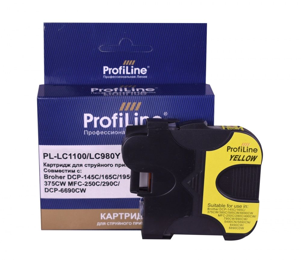 Струйный картридж PL-LC1100Y/LC980Y для принтеров Brother DCP -145C/165C/375CW/385С/6690СW/MFC-250C/990CW с чернилами на водной основе Yellow ProfiLine