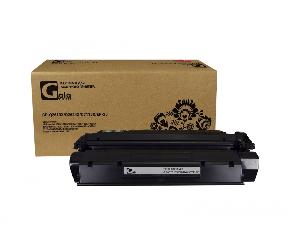 Картридж GP-Q2613X/Q2624X/C7115X/EP-25 (№13X) для принтеров HP LaserJet 1300/1300n/1300xi/1150/1000/1000w/1005/1005w/1200/1200n/1200se/3300/3310/3320/3320n/3330/3330mfp/3380/3390/Canon i-SENSYS LBP1210 4000 копий GalaPrint