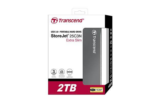 Внешний жесткий диск 2TB Transcend StoreJet 25C3, 2.5", USB 3.0, Extra Slim, стальной, Серый