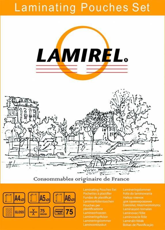 Lamirel Пленка для ламинирования, набор А4, A5, A6 - по 25 шт каждого формата, 75мкм, 75 шт.