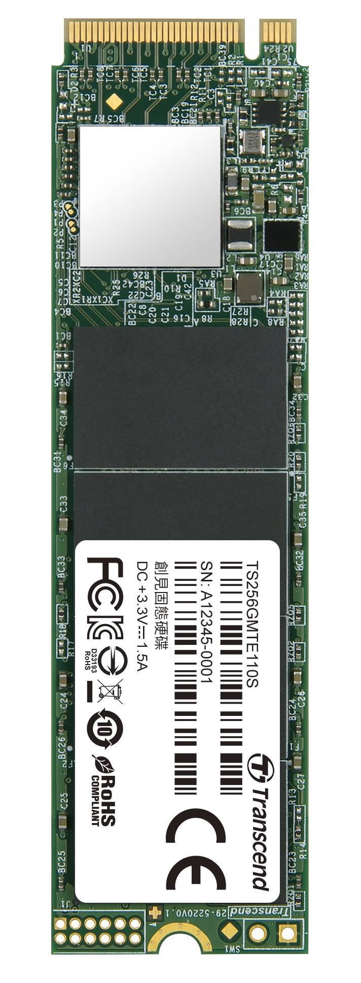 Твердотельный диск 256GB Transcend MTE110S, 3D TLC NAND, M.2 2280,PCIe Gen3x4, DRAM-less