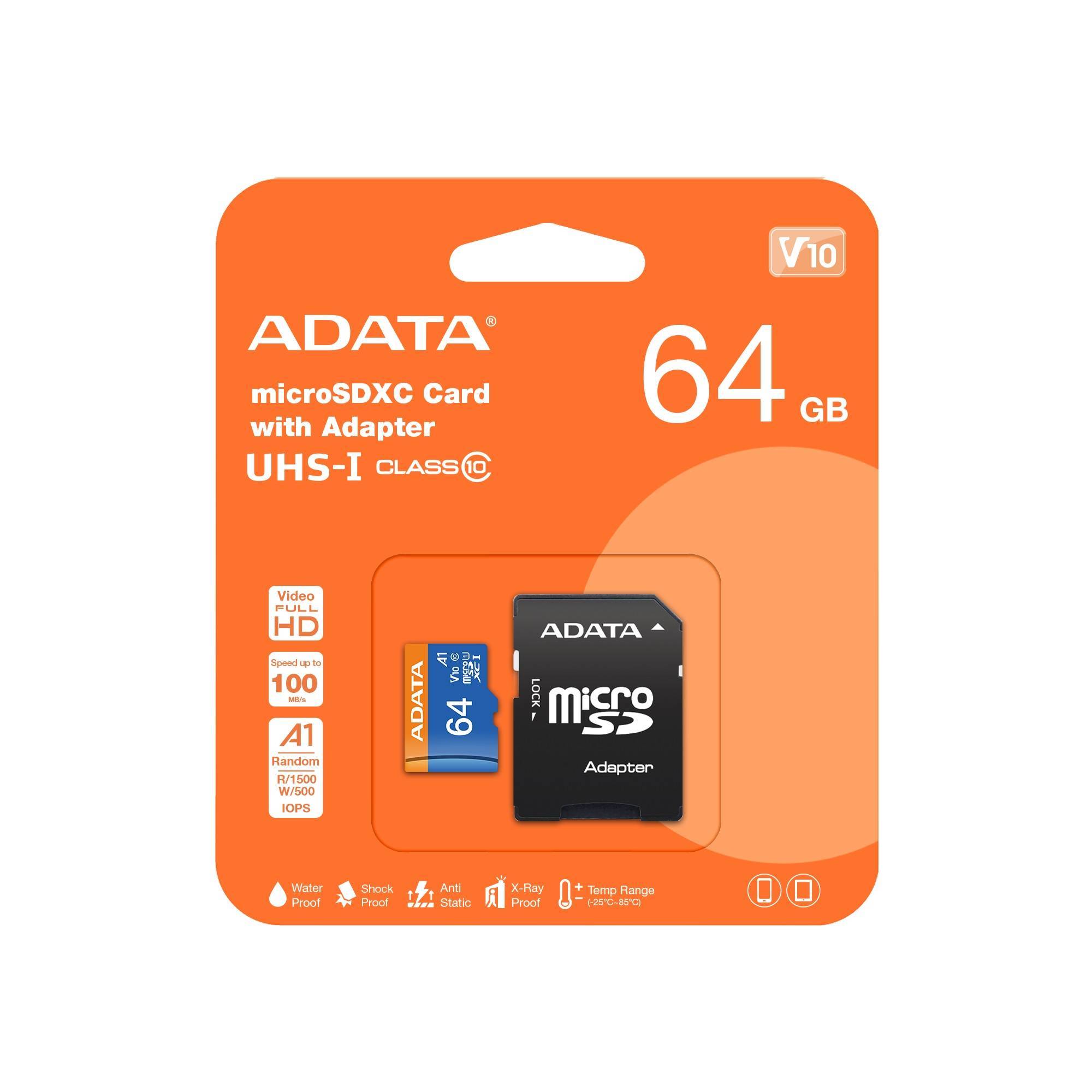 Флеш карта microSD 64GB A-DATA Premier microSDXC Class 10 UHS-I A1 V10 100/25 MB/s (SD адаптер)