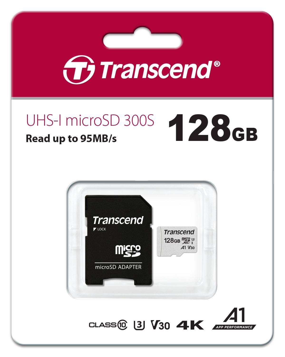 Флеш карта microSD 128GB Transcend microSDXC Class 10 UHS-I U3, V30, A1, (SD адаптер), TLC
