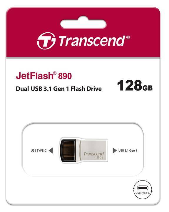 Флеш накопитель 128GB Transcend JetFlash 890, USB 3.1 Gen 1, OTG Type-A/Type-C, серебряный