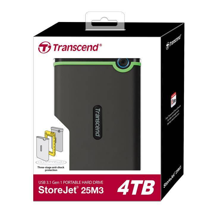 Внешний жесткий диск 4TB Transcend StoreJet 25M3S, 2.5", USB 3.1 Gen 1, резиновый противоударный, Стальной Серый
