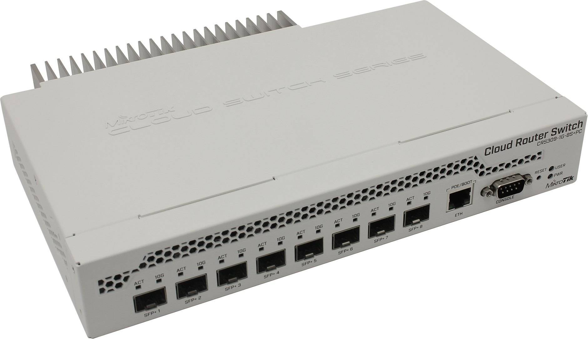 MikroTik CRS309-1G-8S+IN Коммутатор 8 SFP+, dual-core 800MHz CPU, 512MB RAM, POE, RS232 serial port