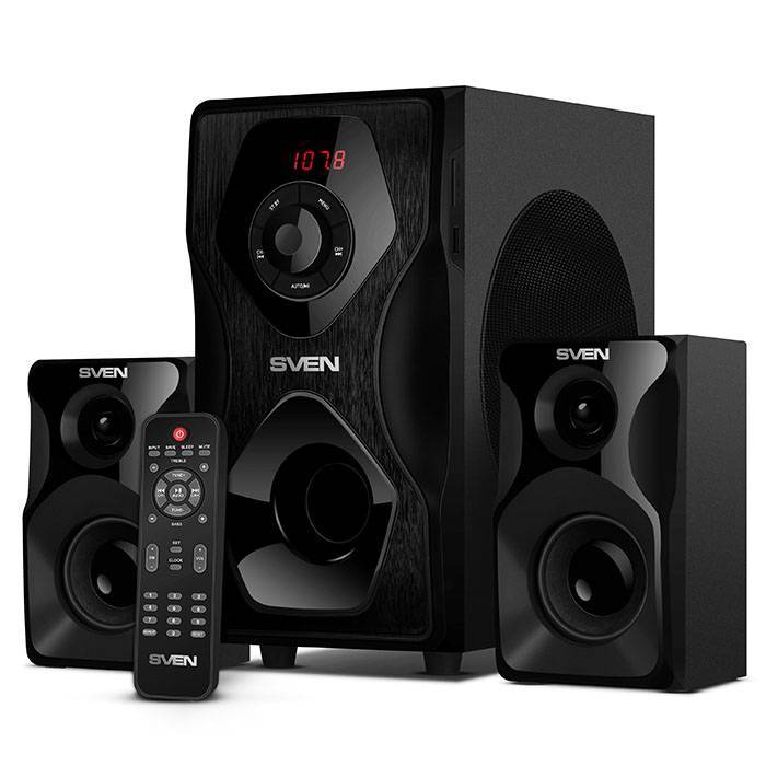 SVEN MS-2055, чёрный, акустическая система 2.1, мощность (RMS):30Вт + 2x12.5 Вт, FM-тюнер, USB/SD, дисплей, пульт ДУ, Bl