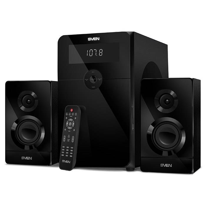 SVEN MS-2250, черный, акустическая система 2.1, мощность (RMS): 50Вт + 2х15Вт, SD/USB, FM-радио, LED-дисплей, пульт ДУ,