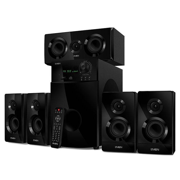 SVEN HT-210, чёрный, акустическая система 5.1, мощность (RMS):50Вт+5x15Вт, Bluetooth, Optical, Coaxial, FM-тюнер, USB/SD