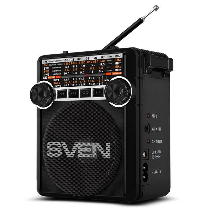 SVEN SRP-355, черный, радиоприемник (мощность 3 Вт (RMS), FM/AM/SW, USB, SD/microSD, фонарь, встроенный аккумулятор)