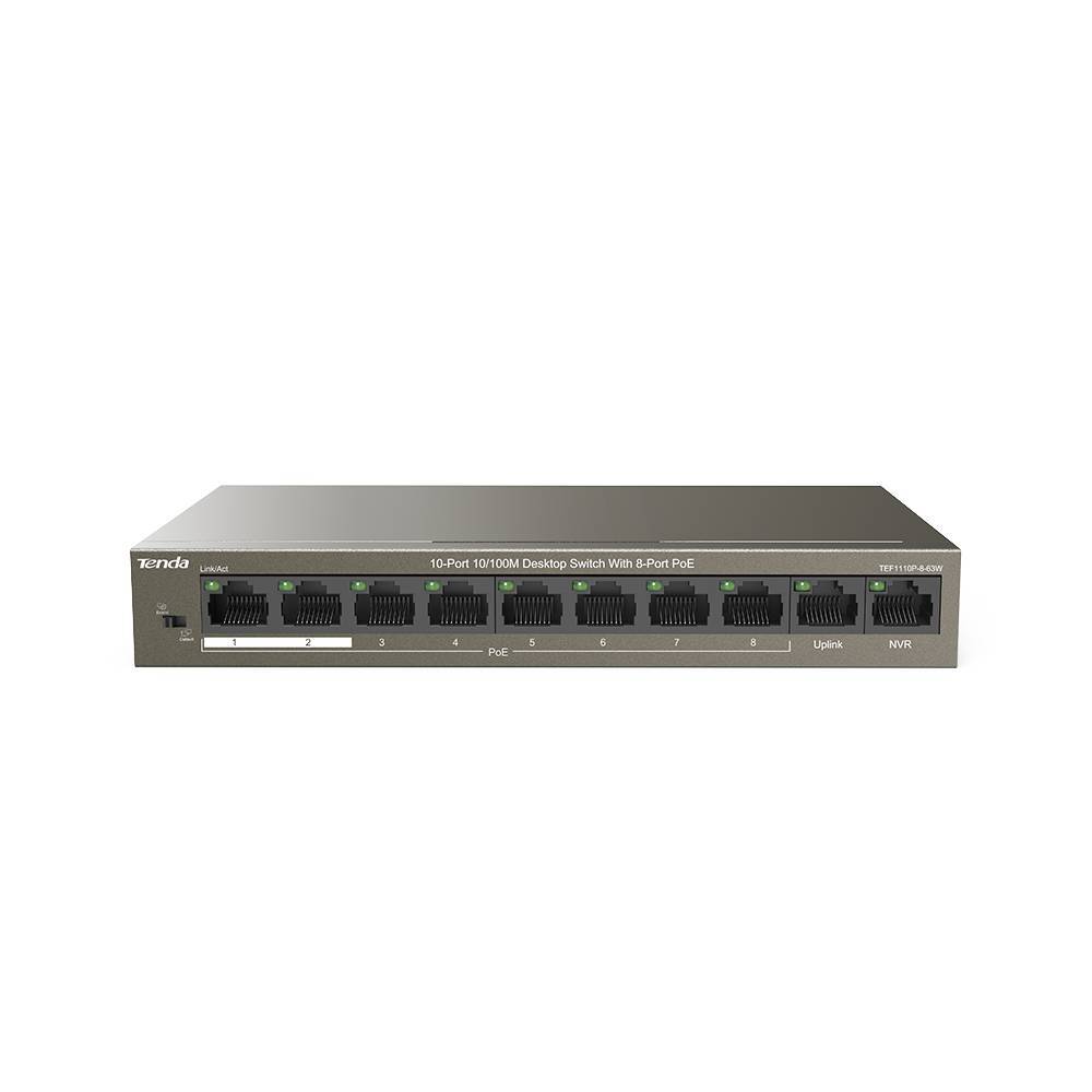 Tenda TEF1110P-8-63W Коммутатор неуправляемый PoE, 10 портов, 10x100 Мбит/с, PoE 8х30 Вт, 2хUplink, настольный