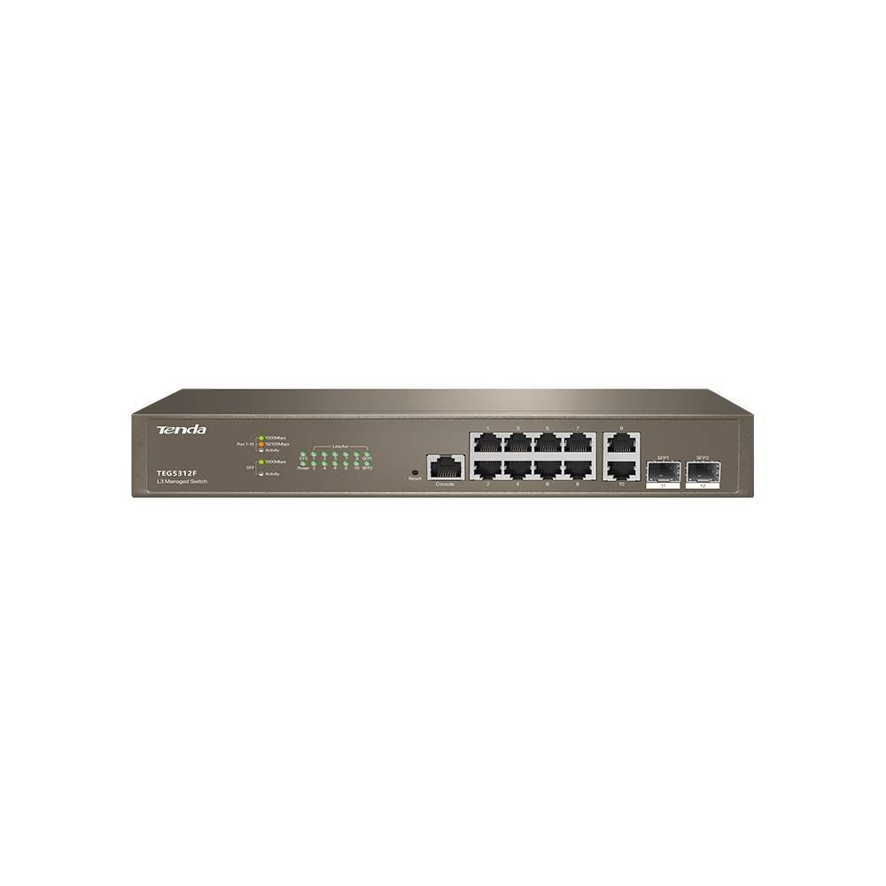 Tenda TEG5312F Коммутатор управляемый L3, 12 портов, 10х1 Гбит/с, Base-X SFP 2х1 Гбит/с, настольный