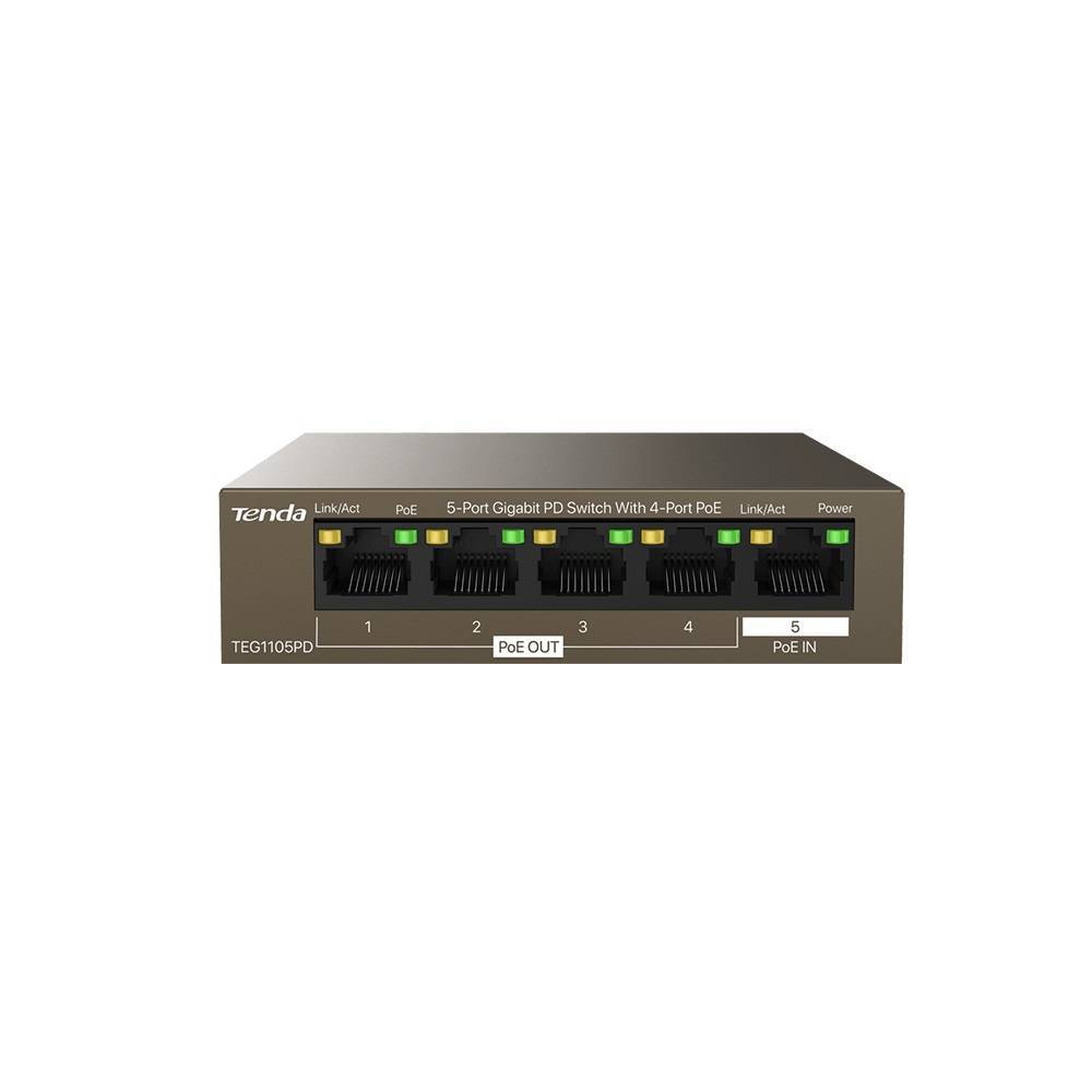 Tenda TEG1105PD Коммутатор неуправляемый PoE, 5 портов, 5x1 Гбит/с, PoE 4х15,4 Вт (до 30Вт), настольный