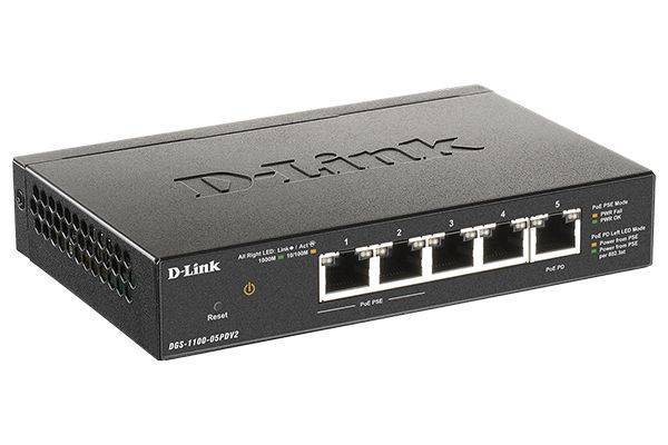 D-Link DGS-1100-05PDV2/A1A Настраиваемый L2 коммутатор с 5 портами 10/100/1000Base-T (2 порта PoE 802.3af