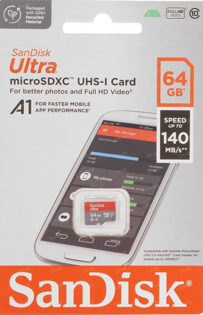 Флеш карта microSD 64GB SanDisk microSDXC Class 10 Ultra UHS-I U1 A1 140MB/s