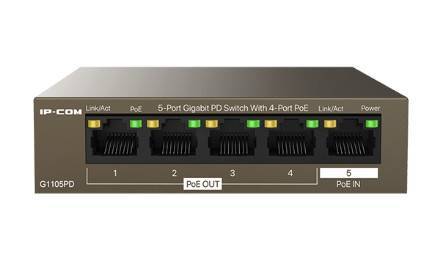 IP-COM G1105PD Коммутатор неуправляемый PoE, 5 портов, 5x1 Гбит/с, PoE 4х15,4 Вт (до 30Вт), настольный