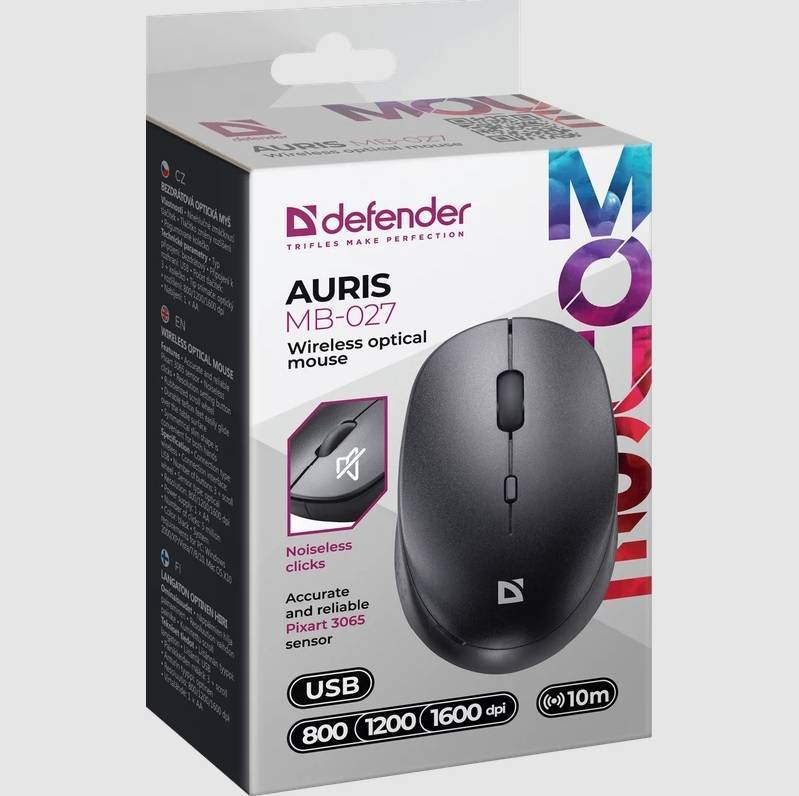 Defender Мышь беспроводная оптическая Auris MB-027 черный, 4D, 800-1600dpi, бесшумная.