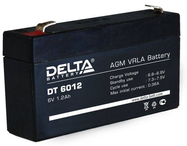 Аккумуляторная батарея Delta DT 6012 6В/1,2Ач, клемма F1 (97х24х51мм (56мм); 0,29кг; Срок службы 5лет; Гарантия 1г)