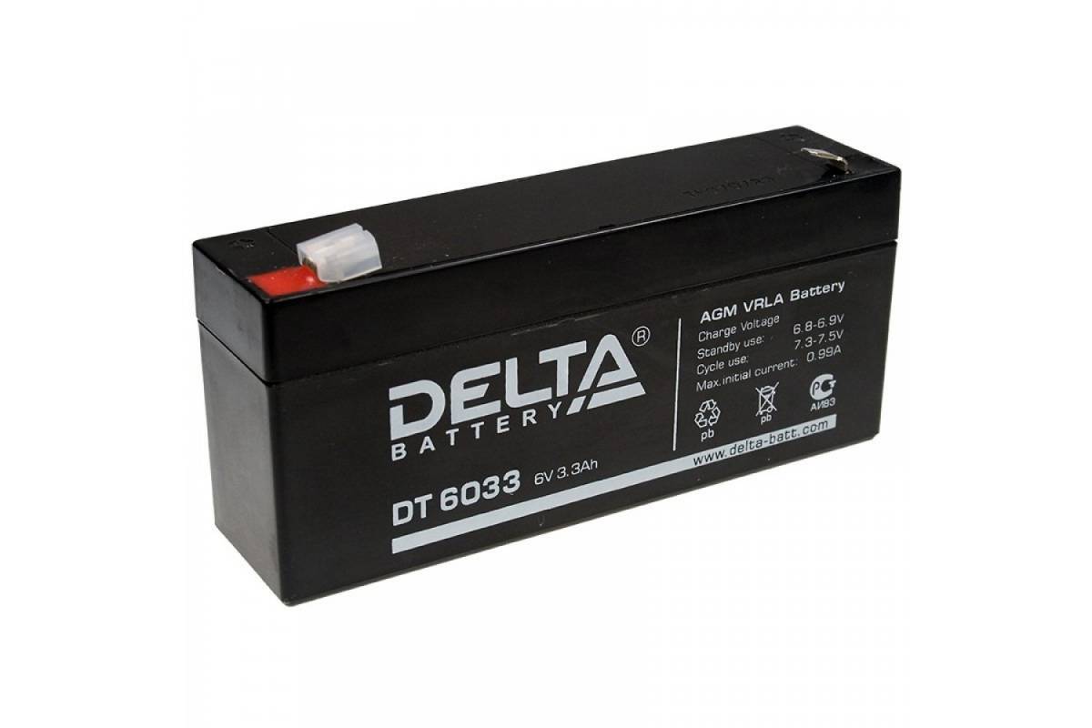 Аккумуляторная батарея Delta DT 6033 6В/3,3Ач, клемма F1 (134х34х61мм (66мм); 0,65кг; Срок службы 5лет; Гарантия 1г)