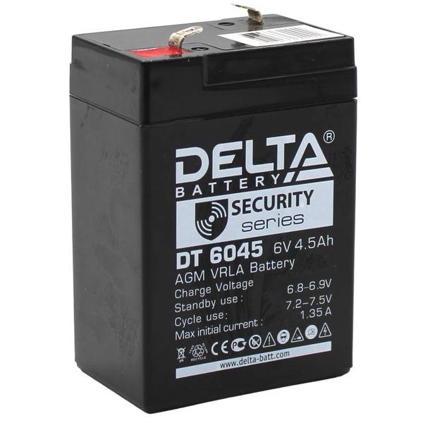 Аккумуляторная батарея Delta DT 6045 6В/4,5Ач, клемма F1 (70х47х100мм (104мм); 0,75кг; Срок службы 5лет; Гарантия 1г)