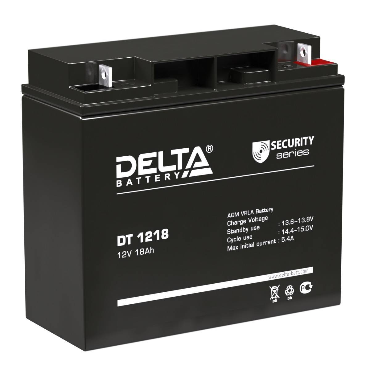 Аккумуляторная батарея Delta DT 1218 12В/18Ач, клемма Болт + гайка Ø 5,5 мм (181х77х160мм (167мм); 5,2кг; Срок службы 5л