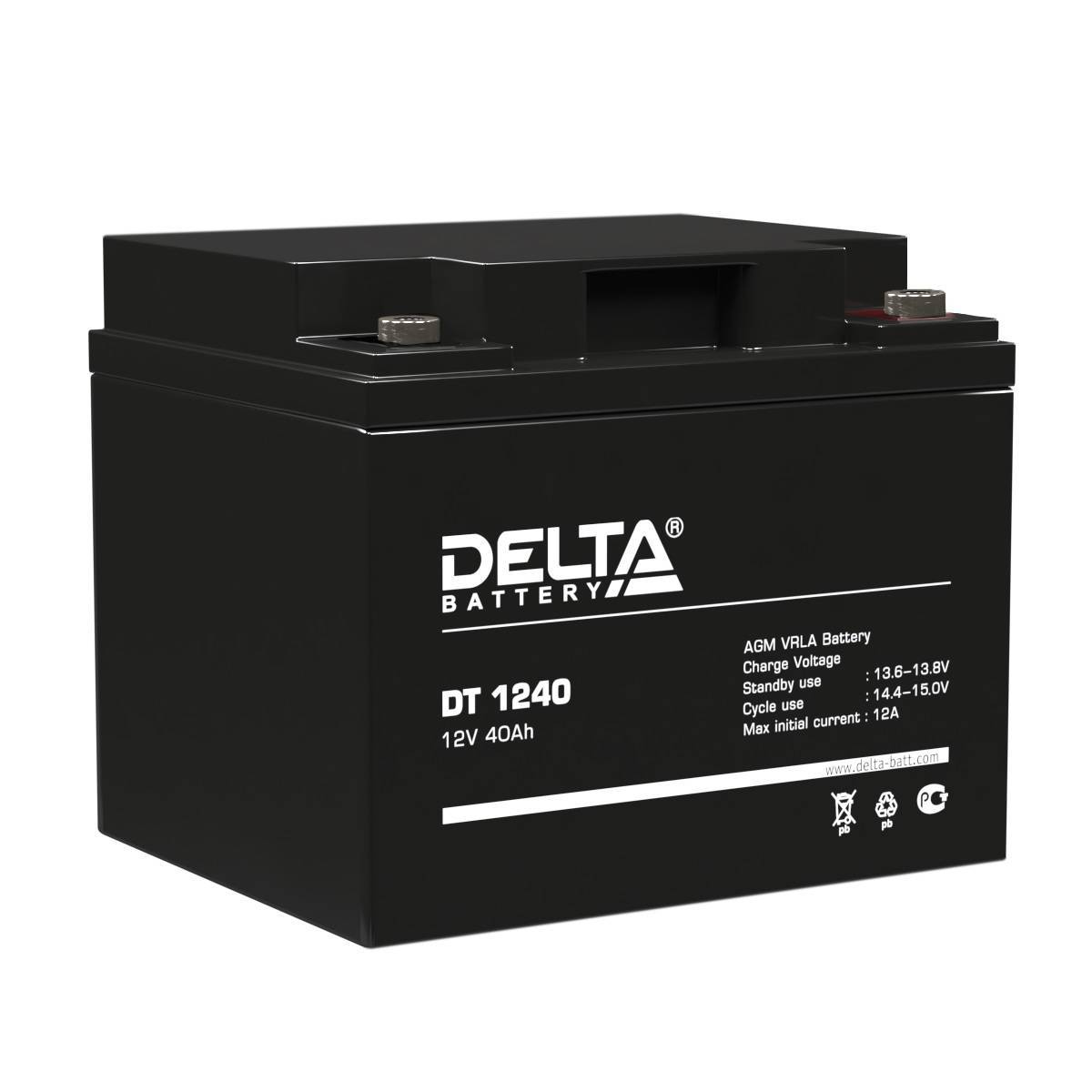Аккумуляторная батарея Delta DT 1240 12В/40Ач, клемма Болт М6 (196х166х173мм (173мм); 12,9кг; Срок службы 7-10лет; Гаран
