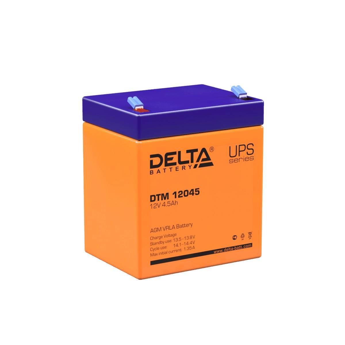 Аккумуляторная батарея Delta DTM 12045 12В/4,5Ач, клемма F1 (90х70х101мм (107мм); 1,6кг; Срок службы 6лет; Гарантия 1г)