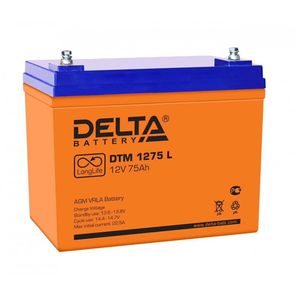 Аккумуляторная батарея Delta DTM 1275 L 12В/75Ач, клемма Болт М6 (258х166х206мм (215мм); 23кг; Срок службы 10-12лет; Гар