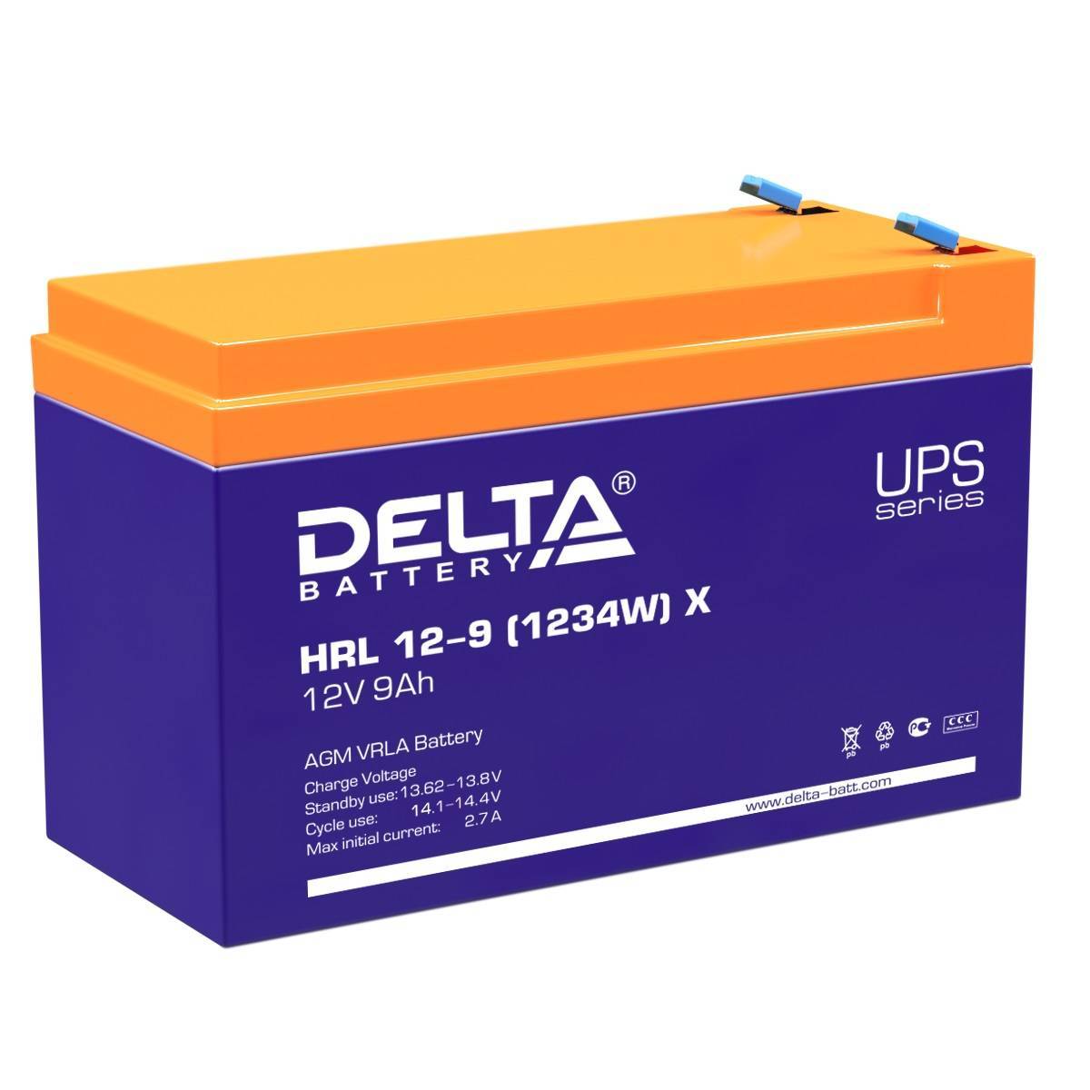 Аккумуляторная батарея Delta HRL 12-9 (1234W) X 12В/9Ач, клемма F2 (151х65х94мм (100мм); 2,55кг; Срок службы 12лет; Гара