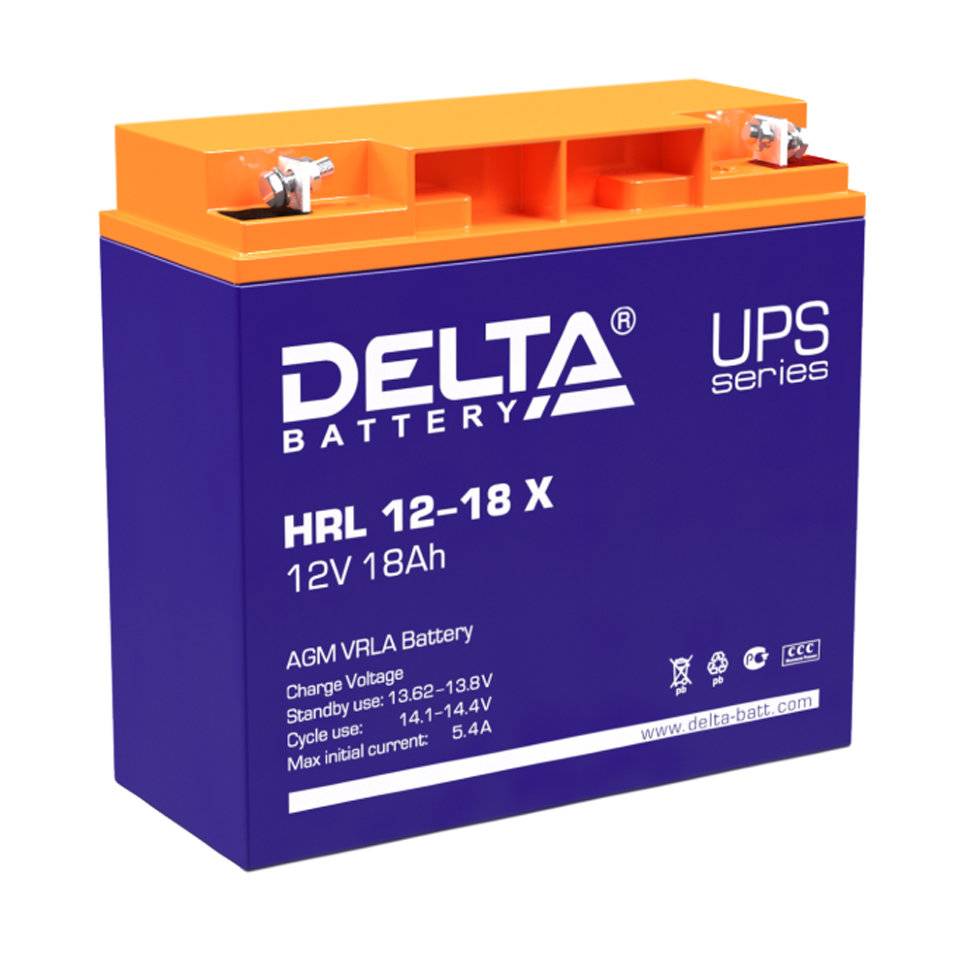 Аккумуляторная батарея Delta HRL 12-18 X 12В/18Ач, клемма Болт + гайка Ø 5,5 мм (181х77х167мм (167мм); 6,2кг; Срок служб