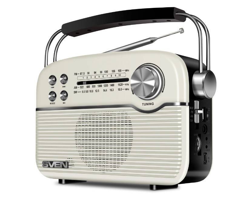 SVEN SRP-500, белый (3 Вт,Bluetooth, FM/AM/SW, USB, microSD, AUX,  встроенный аккумулятор)