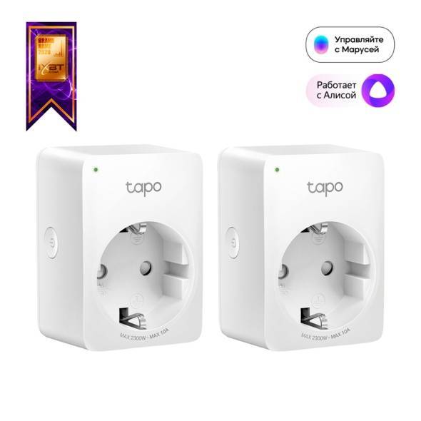 TP-Link Tapo P100 (2-pack) Умная мини Wi-Fi розетка, 220–240 В, максимальная нагрузка 10 А, 50/60 Гц, Wi-Fi 2,4 ГГц