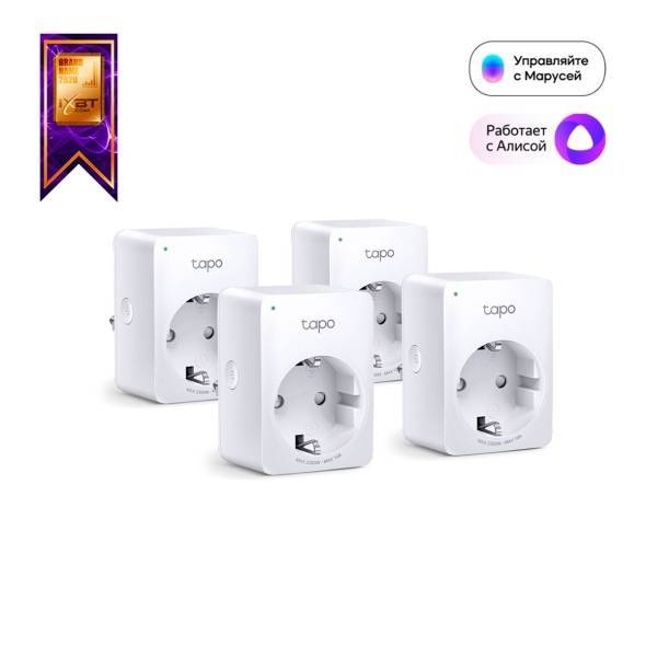 TP-Link Tapo P100 (4-pack) Умная мини Wi-Fi розетка, 220–240 В, максимальная нагрузка 10 А, 50/60 Гц, Wi-Fi 2,4 ГГц