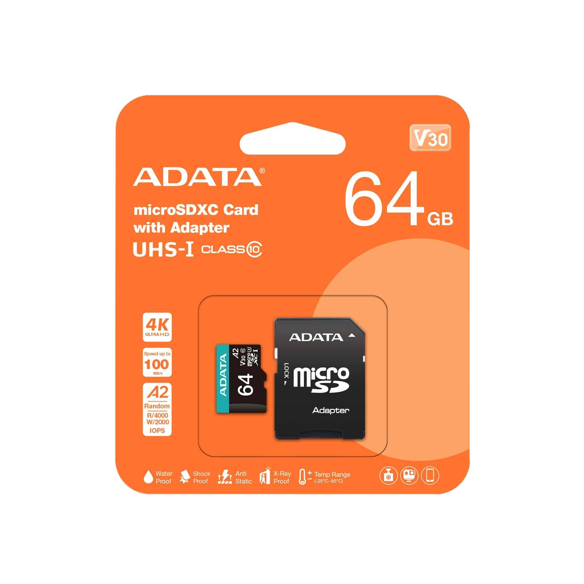 Флеш карта microSD 64GB A-DATA Premier Pro microSDXC Class 10 UHS-I U3 V30 A2 100/80 MB/s (SD адаптер)