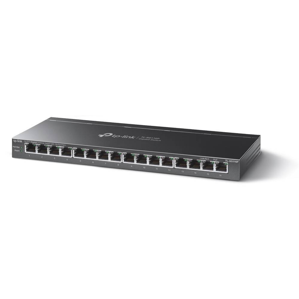 TP-Link TL-SG116P Настольный коммутатор с 16 гигабитными портами PoE+, бюджет PoE — 120 Вт, стальной корпус
