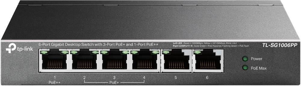 TP-Link TL-SG1006PP Настольный коммутатор с 6 гигабитными портами (3 порта PoE+, 1 порт PoE++)