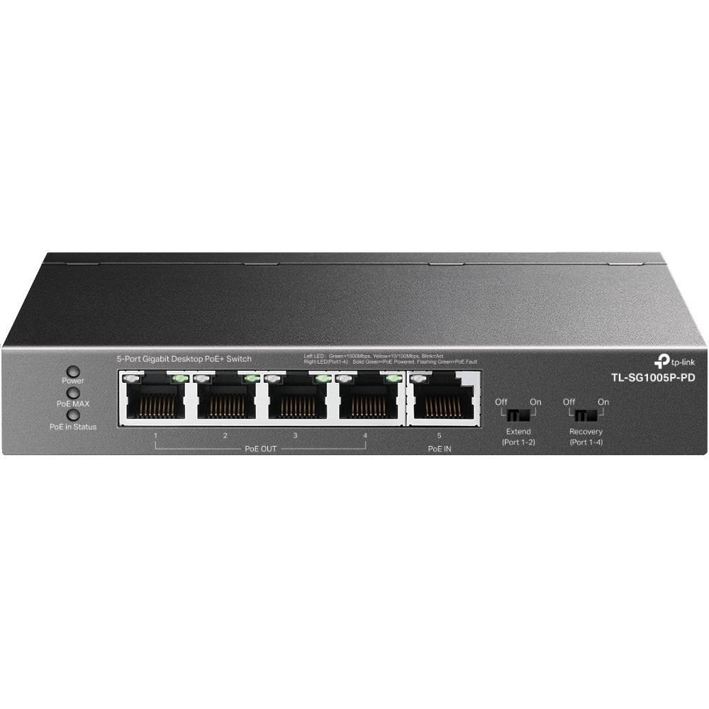 TP-Link TL-SG1005P-PD Настольный коммутатор с 5 гигабитными портами (1 порт с входящим PoE++, 4 порта с исходящим PoE+)
