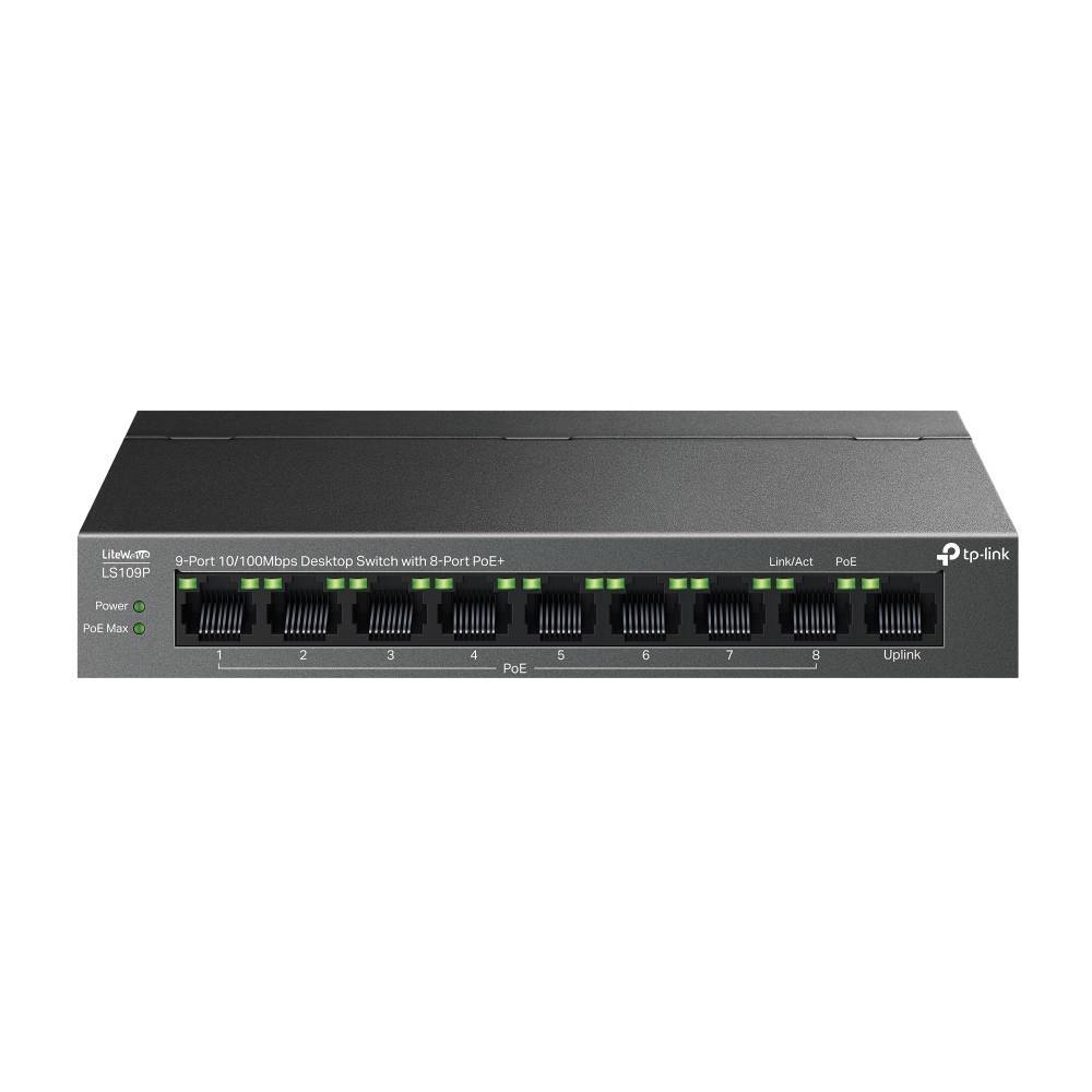 TP-Link LS109P Настольный коммутатор с 9 портами 10/100 Мбит/с (8 портов PoE+), стальной корпус