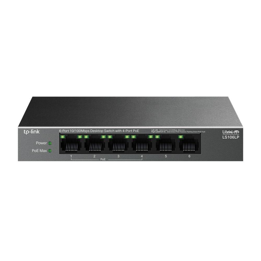 TP-Link LS106LP Настольный коммутатор с 6 портами 10/100 Мбит/с (4 порта PoE), стальной корпус