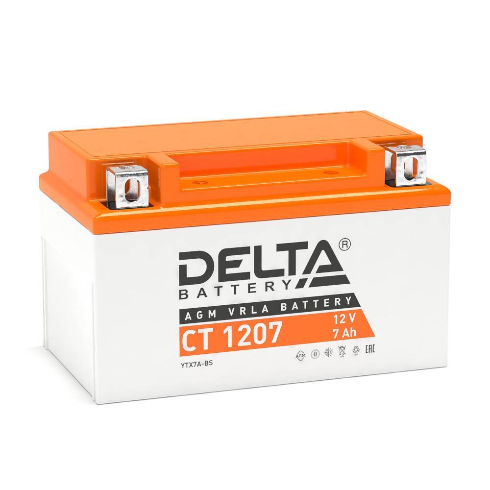 Стартерный мото аккумулятор Delta CT 1207 12В/7Ач, клемма Болт + гайка Ø 6 мм (150х86х94мм (99мм); 2,46кг; Срок службы 5