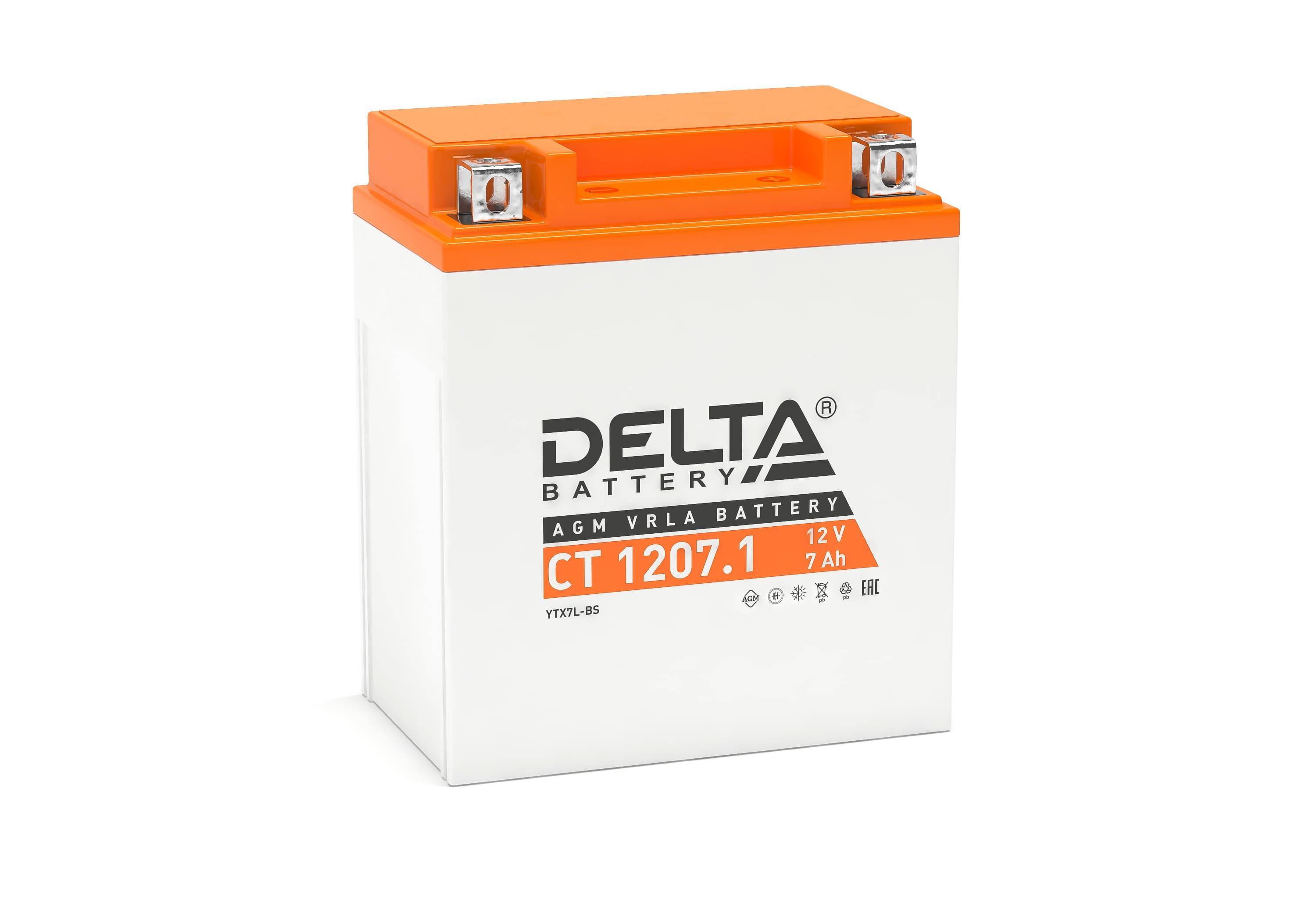 Стартерный мото аккумулятор Delta CT 1207.1 12В/7Ач, клемма Болт + гайка Ø 6 мм (114х70х132мм (137мм); 2,15кг; Срок служ